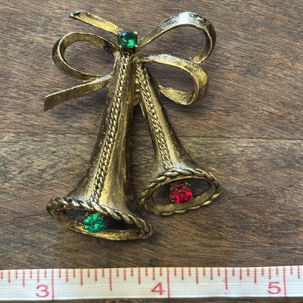 Double Bell Faux Crystal Christmas Brooch Gold Tone